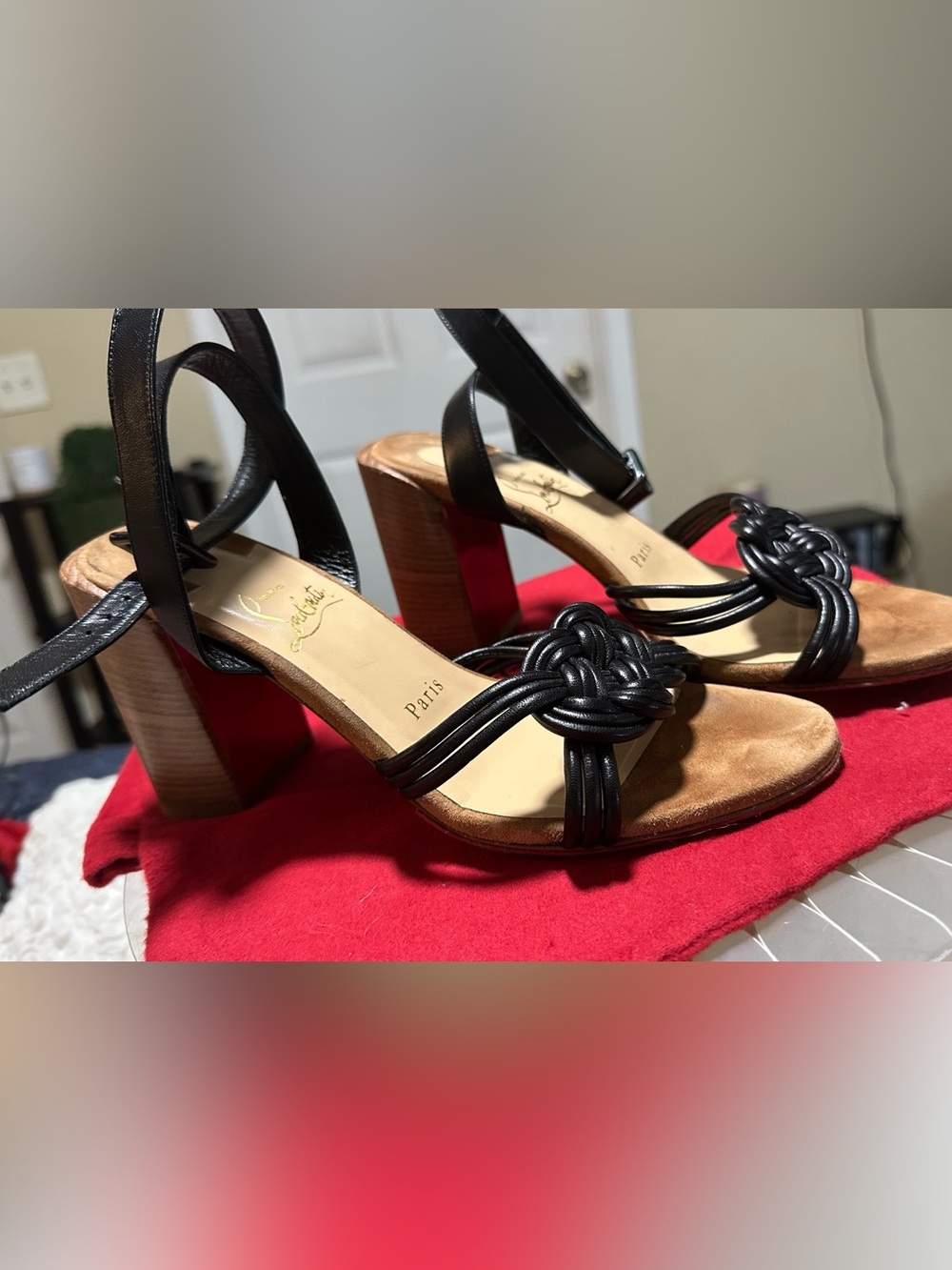 Christian Louboutin Black Leather Knot-Front Block Heel Sandals
